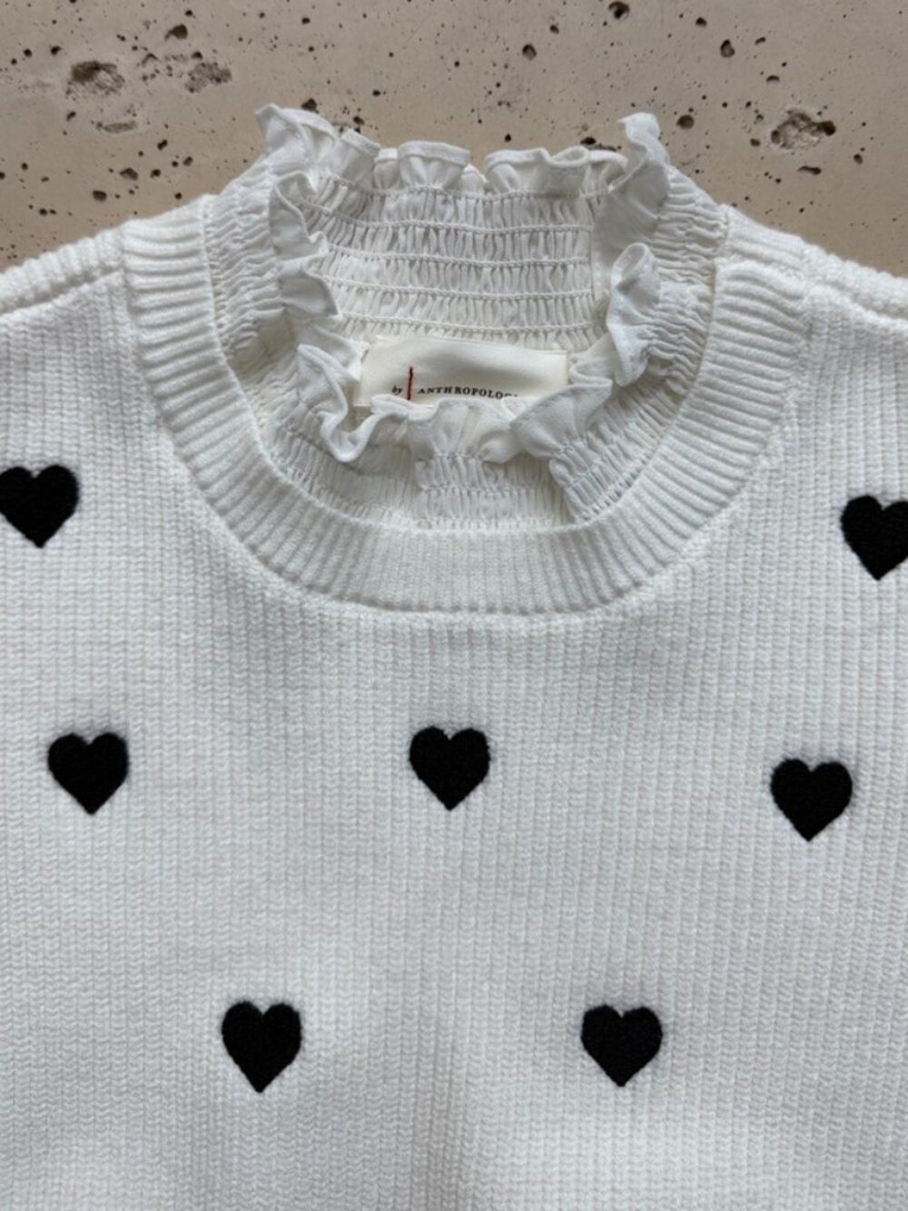 Anthropologie Ruffled Collar Heart Sweater in Classic Black and White - Picture 6 of 13